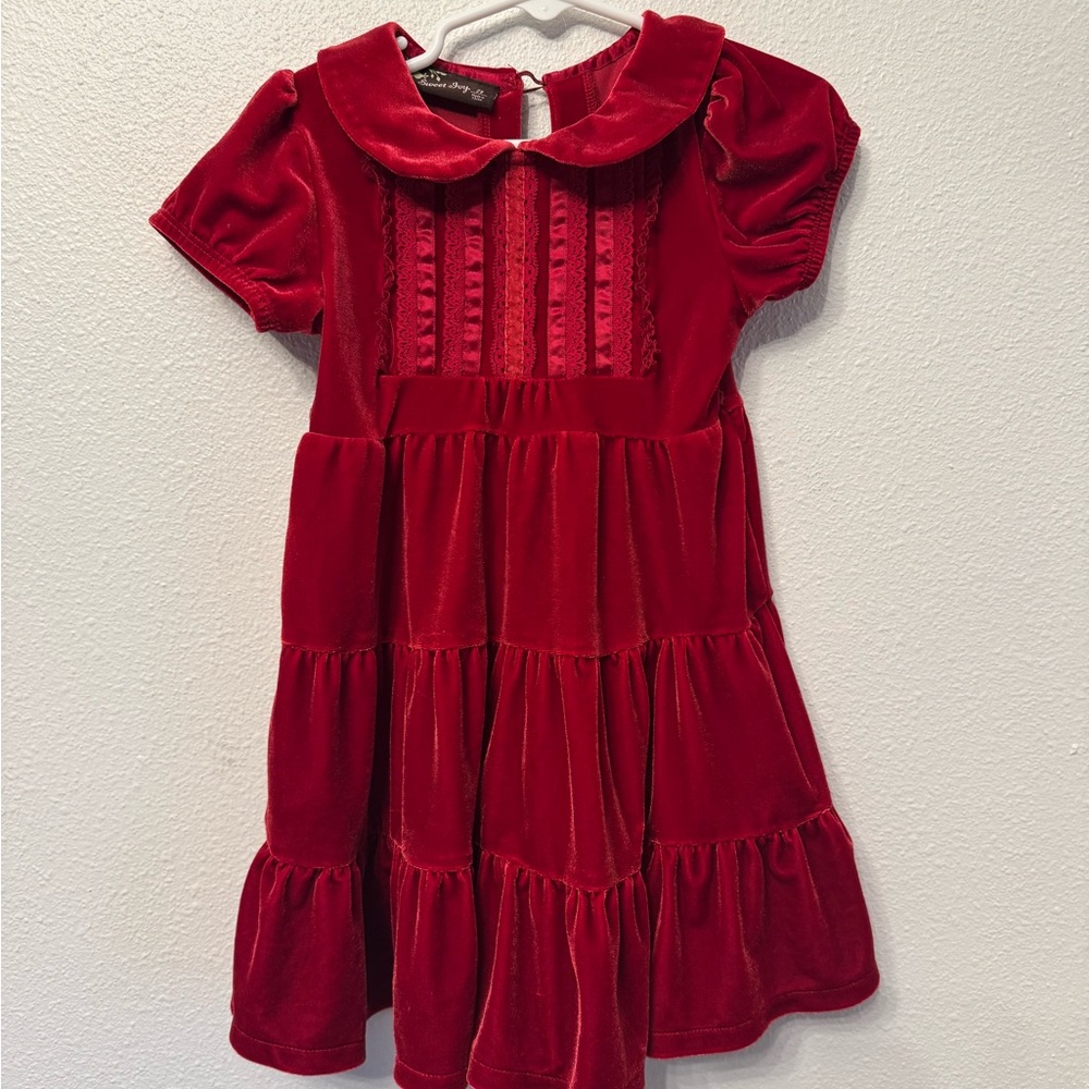 Classic Red Velvet Tiered Dress with Peter Pan Collar - Kids